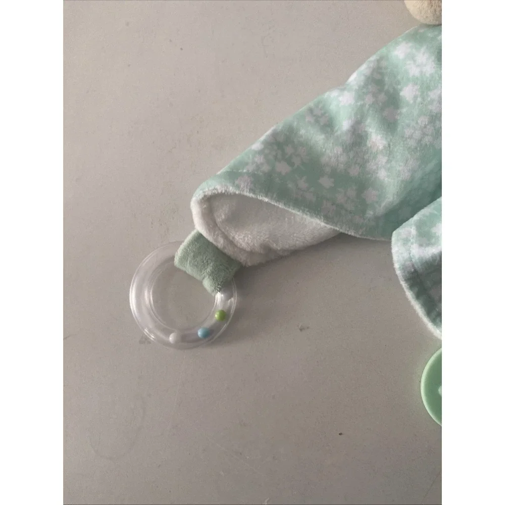 Modern Baby Snuggle Blankie Lovey Security Blanket Green White Bunny Teether